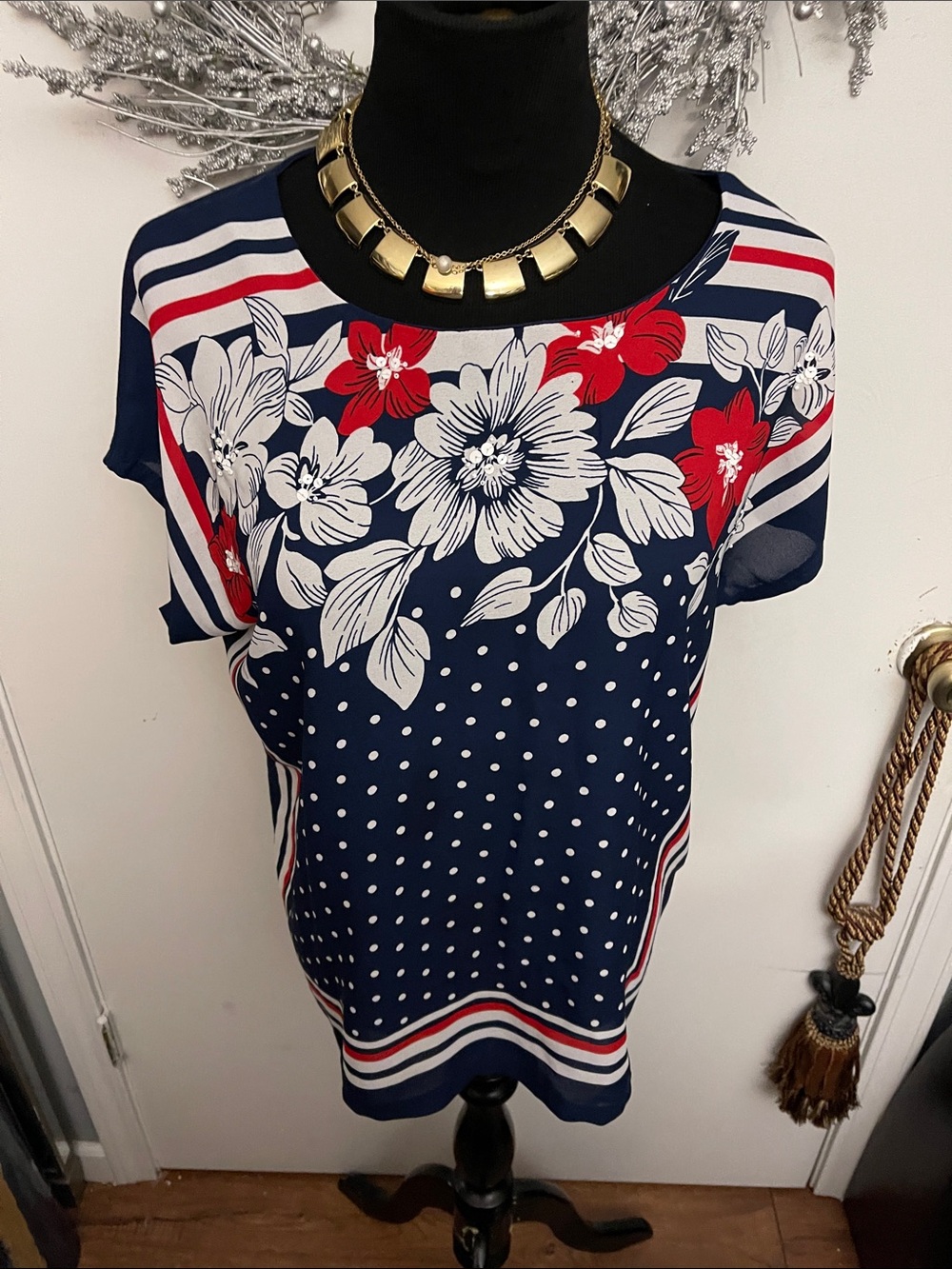 Alfred Dunner Navy Floral & Polka Dot Short Sleeve Top with Red Accents